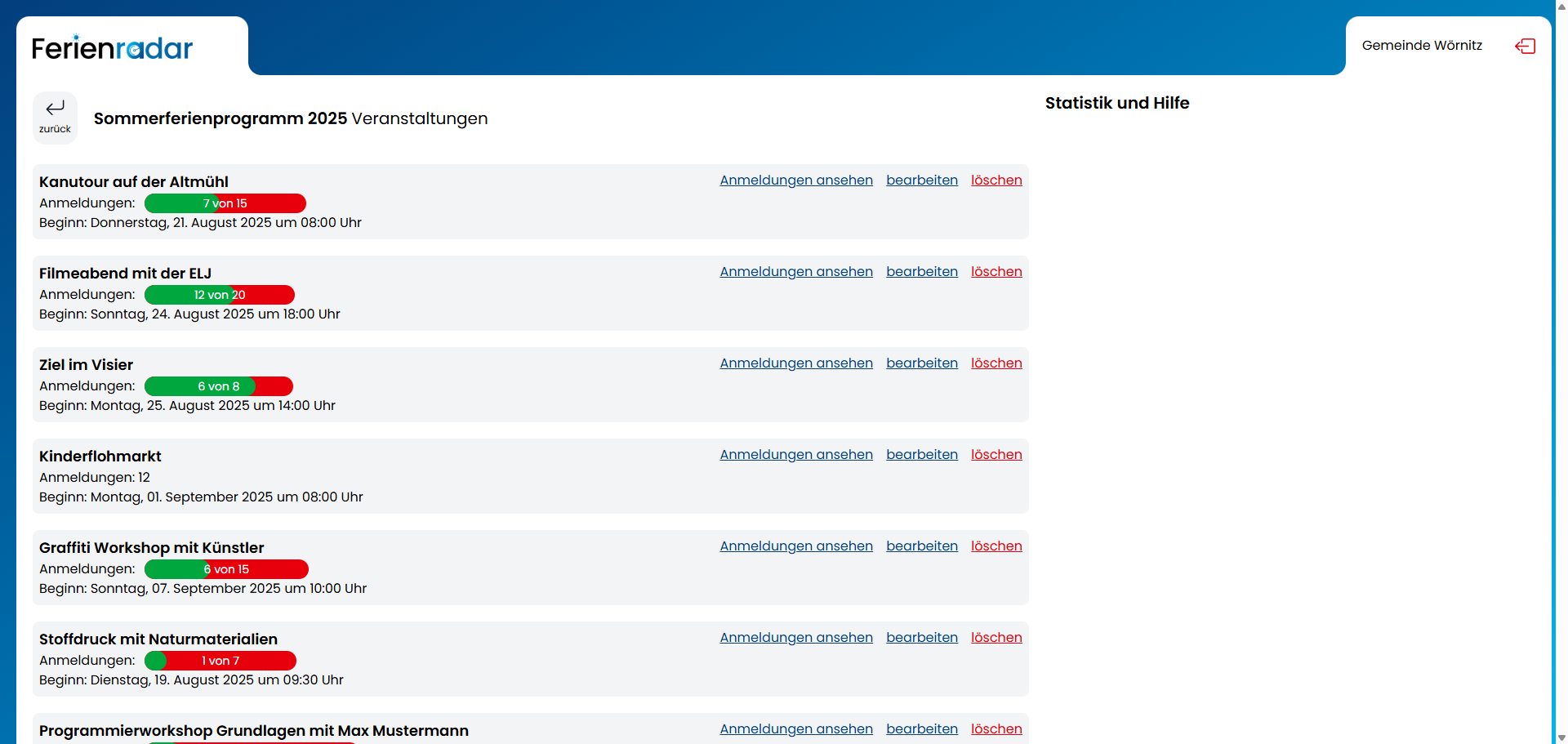 Ferienradar Programmübersicht