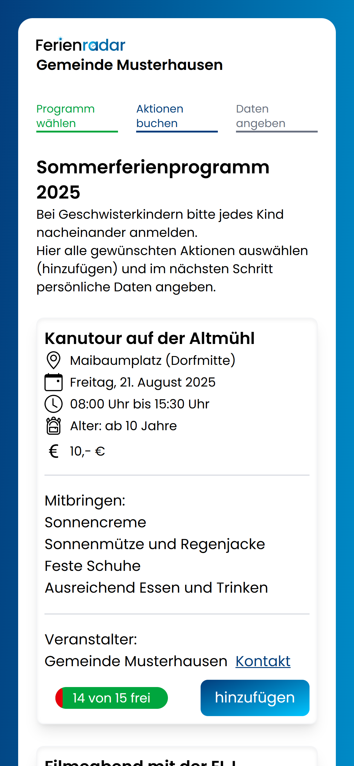 Ferienradar Buchungsansicht